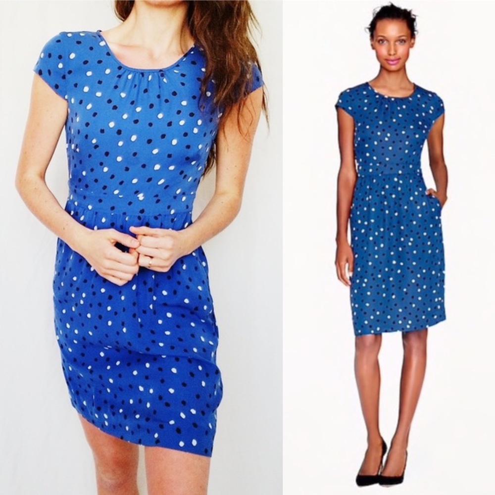 J. Crew Blue Polka Dot Silk Cap Sleeve Dress 10